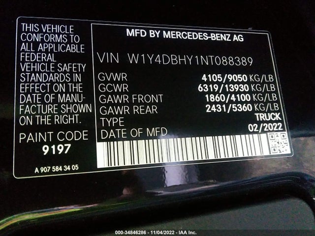 2022 Mercedes-Benz Sprinter, VIN: W1Y4DBHY1NT088389
