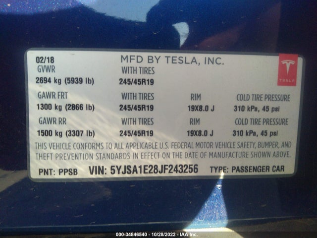 Tesla Model S 75d/100d/p100d 2018 5YJSA1E28JF243256 Image 10