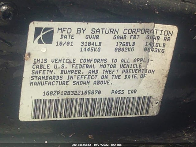 2002 SATURN SC 3DR VIN: 1G8ZP12832Z165870