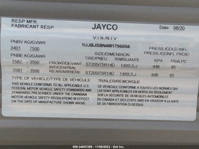 2021 JAYCO JAYFL184BH VIN: 1UJBJSBN4M1790056