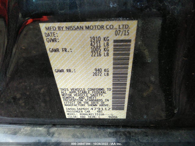 2015 NISSAN ALTIMA 2.5 SV VIN: 1N4AL3AP6FC479112