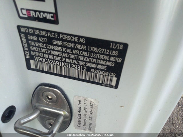 2019 Porsche 911, VIN: WP0CA2A91KS129312