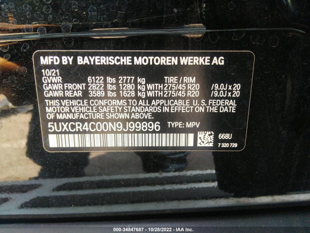 2022 BMW X5, VIN: 5UXCR4C00N9J99896