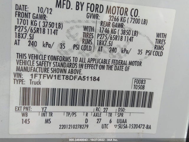 2013 FORD F-150 XL/XLT/FX4/LARIAT VIN: 1FTFW1ET8DFA51184