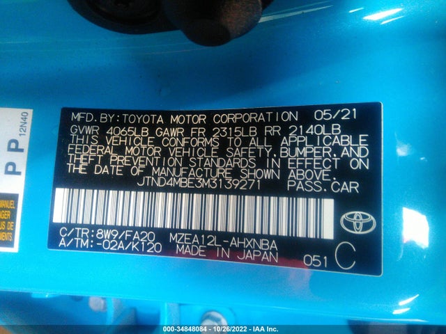 2021 TOYOTA COROLLA HATCHBACK SE/XSE/NIGHTSHADE VIN: JTND4MBE3M3139271