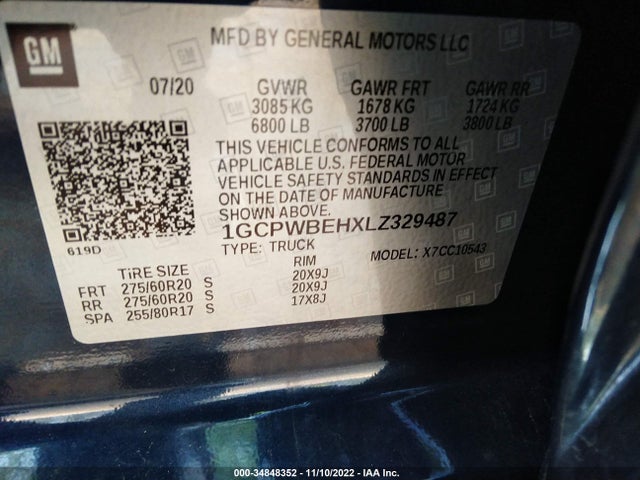 2020 CHEVROLET SILVERADO 1500 CUSTOM VIN: 1GCPWBEHXLZ329487