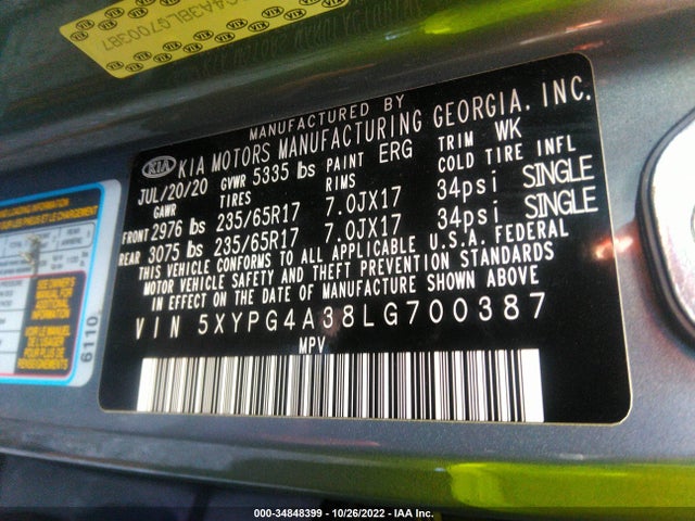 2020 Kia Sorento, VIN: 5XYPG4A38LG700387