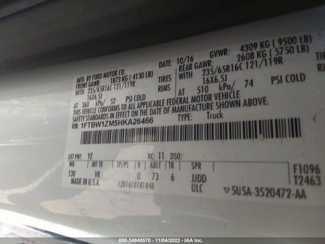 2017 Ford Transit, VIN: 1FTBW1ZM5HKA26466