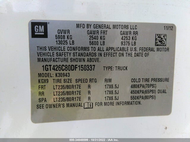 34848599 :رقم المزاد ، 1GT426C80DF150337 vin ، 2013 Gmc Sierra 3500hd Denali مزاد بيع