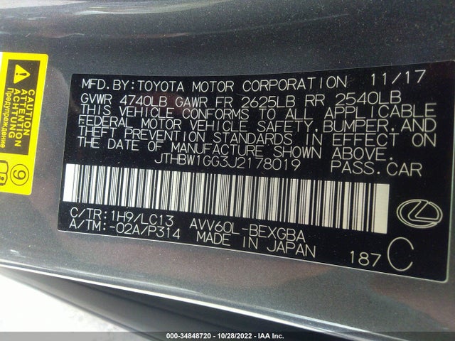 2018 Lexus ES, VIN: JTHBW1GG3J2178019