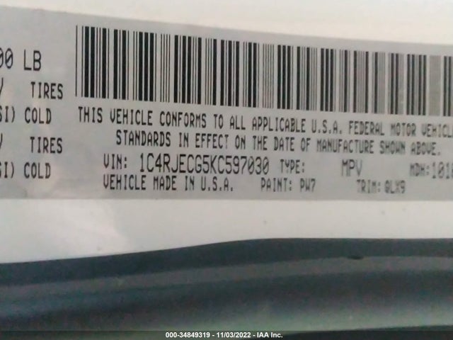 2019 JEEP GRAND CHEROKEE HIGH ALTITUDE VIN: 1C4RJECG5KC597030