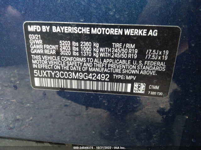 2021 BMW X3, VIN: 5UXTY3C03M9G42492