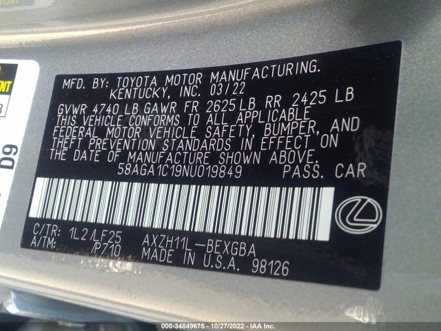 2022 Lexus ES, VIN: 58AGA1C19NU019849