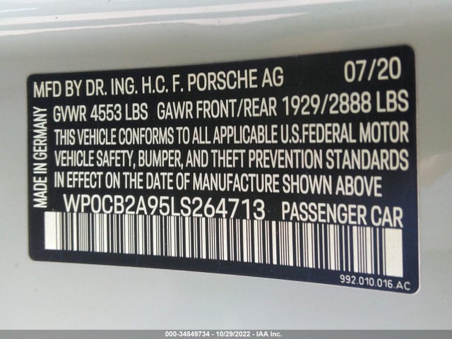 2020 Porsche 911, VIN: WP0CB2A95LS264713