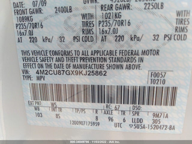2009 MERCURY MARINER PREMIER VIN: 4M2CU87GX9KJ25862