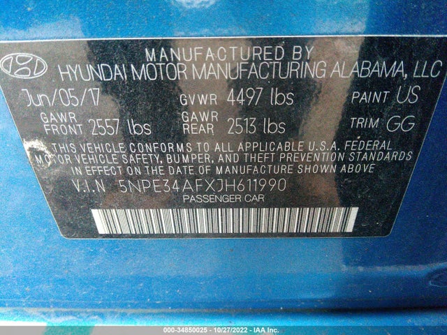 2018 HYUNDAI SONATA SEL VIN: 5NPE34AFXJH611990