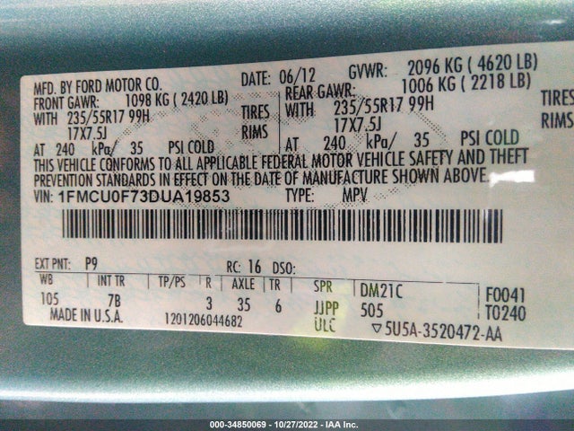 2013 FORD ESCAPE S VIN: 1FMCU0F73DUA19853
