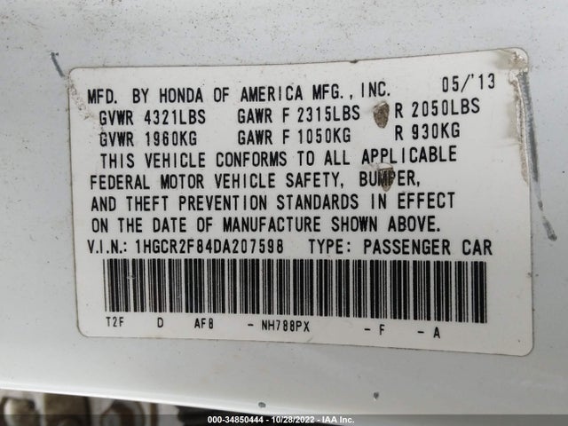 Honda ACCORD SDN 2013 1HGCR2F84DA207598 Image 10