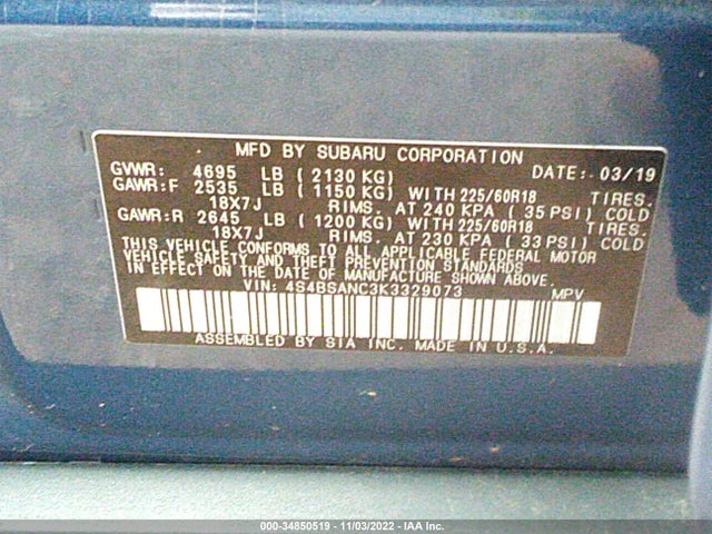 2019 Subaru Outback, VIN: 4S4BSANC3K3329073