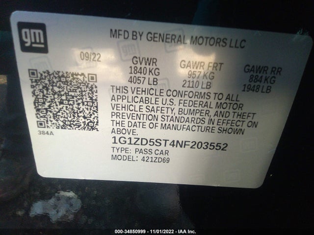 2022 Chevrolet Malibu, VIN: 1G1ZD5ST4NF203552