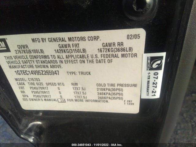 GMC SIERRA 1500 2005 1GTEC14V95Z265947 Image 9
