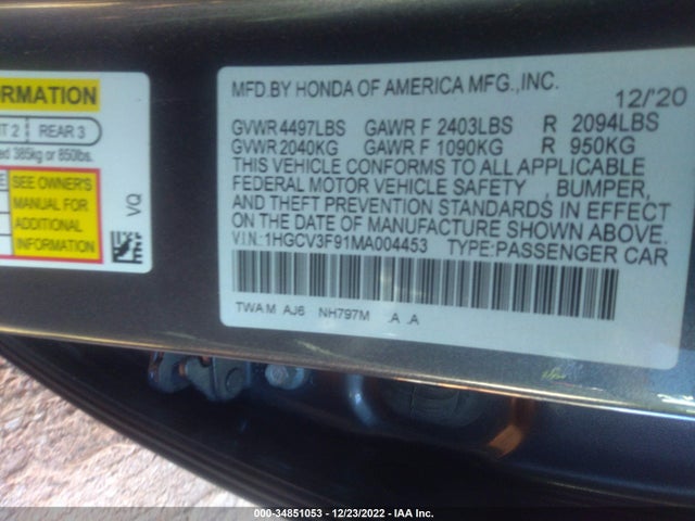 2021 Honda Accord, VIN: 1HGCV3F91MA004453