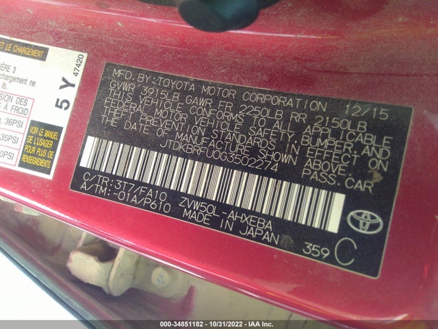 Toyota Prius Two 2016 JTDKBRFU0G3502274 Image 9