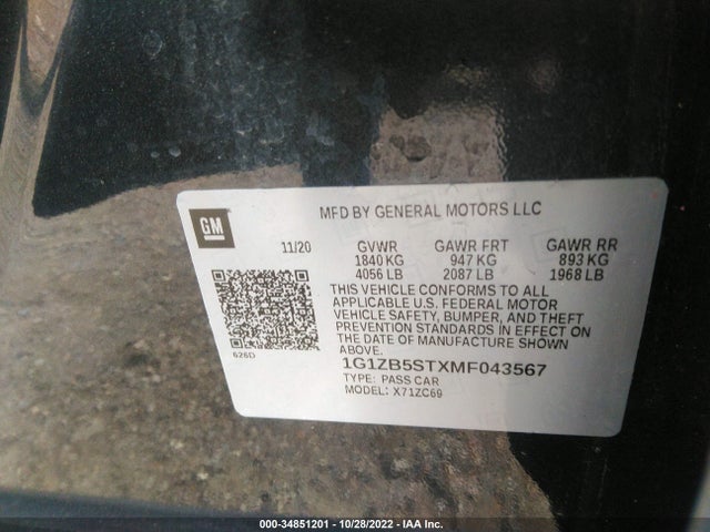 2021 CHEVROLET MALIBU LS VIN: 1G1ZB5STXMF043567