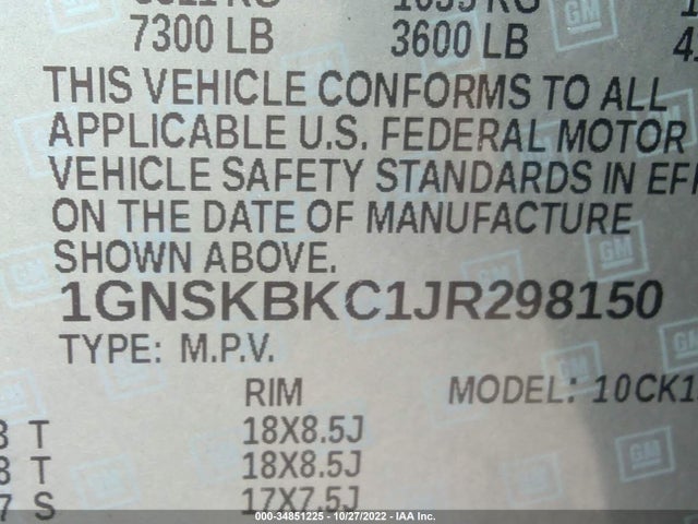 Продаж на аукціоні авто 2018 Chevrolet Tahoe Lt, vin: 1GNSKBKC1JR298150, номер лоту: 34851225