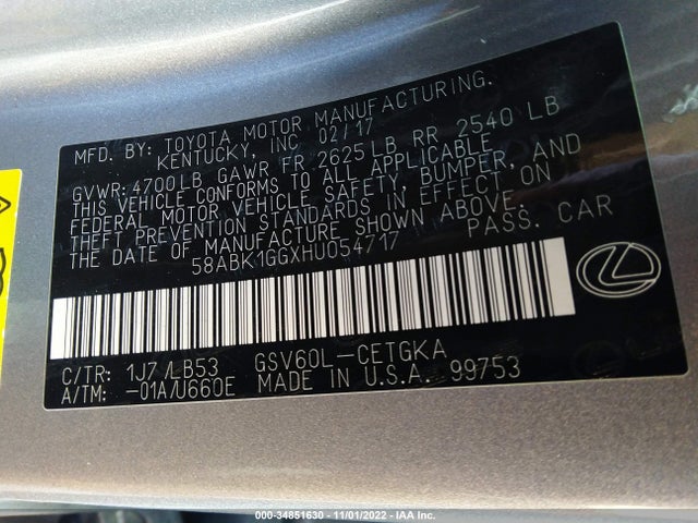 Lexus ES 2017 58ABK1GGXHU054717 Image 9