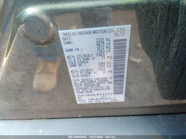 2017 NISSAN ROGUE SV VIN: 5N1AT2MV4HC843542