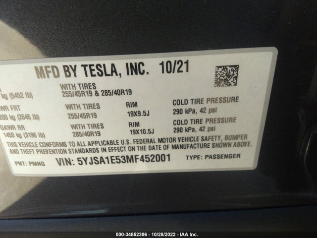 34852386 :رقم المزاد ، 5YJSA1E53MF452001 vin ، 2021 Tesla Model S Long Range مزاد بيع