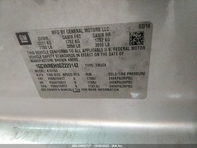 2016 CHEVROLET SILVERADO 1500 LT VIN: 1GCVKREH0GZ229142