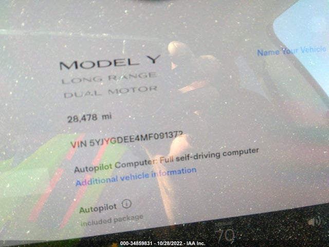 2021 TESLA MODEL Y LONG RANGE VIN: 5YJYGDEE4MF091372