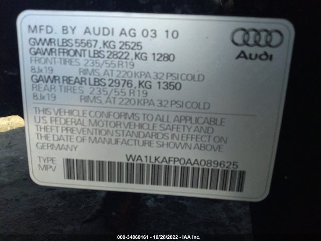 2010 AUDI Q5 PREMIUM PLUS VIN: WA1LKAFP0AA089625