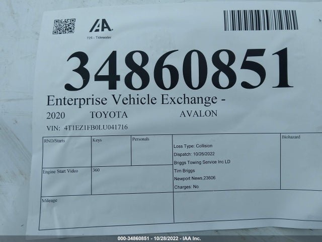 2020 Toyota Avalon, VIN: 4T1EZ1FB0LU041716