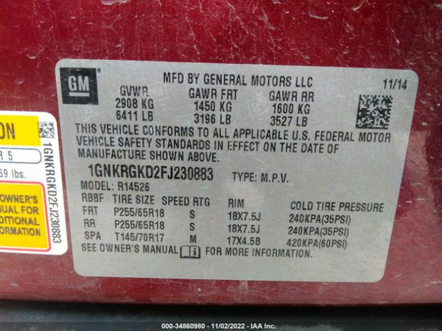 Chevrolet Traverse Lt 2015 1GNKRGKD2FJ230883 Image 14