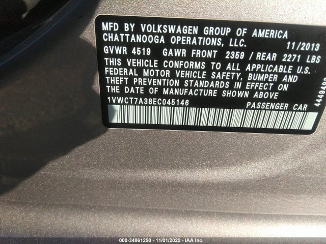 1VWCT7A38EC045146 Volkswagen Passat Sel Premium