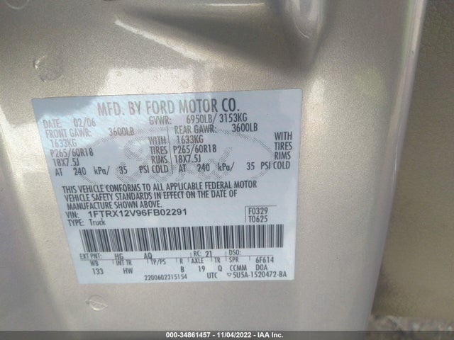 2006 FORD F-150 XLT/LARIAT VIN: 1FTRX12V96FB02291