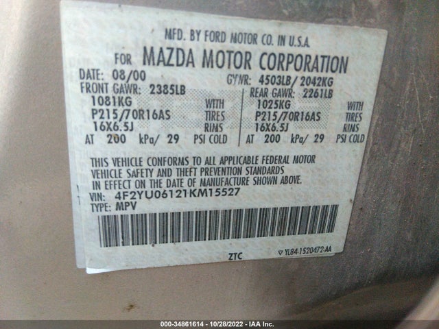 2001 MAZDA TRIBUTE DX VIN: 4F2YU06121KM15527