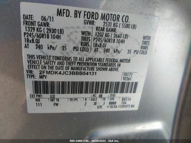 2011 FORD EDGE SEL VIN: 2FMDK4JC3BBB54131
