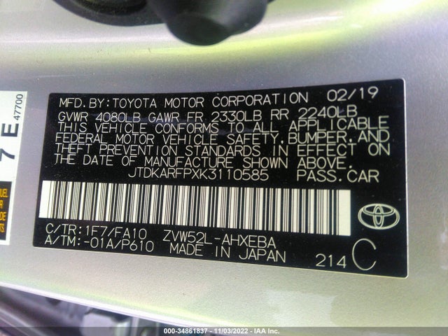 2019 Toyota Prius, VIN: JTDKARFPXK3110585