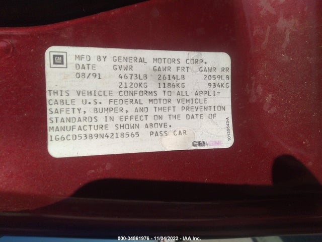 1992 CADILLAC DEVILLE VIN: 1G6CD53B9N4218565