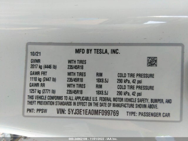 Tesla Model 3 Standard Range Plus 2021 5YJ3E1EA0MF099769 Image 9