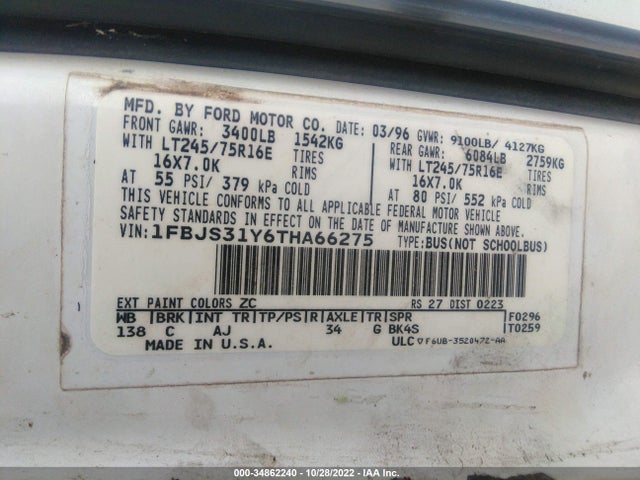 1996 FORD ECONOLINE E350 SUPER DUTY VIN: 1FBJS31Y6THA66275