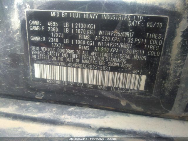 4S4BRDAC3B2315831 Subaru Outback 3.6r