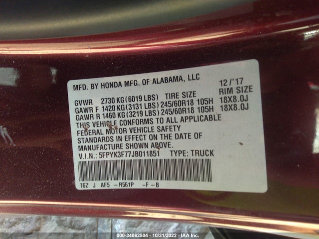 2018 Honda Ridgeline, VIN: 5FPYK3F77JB011851