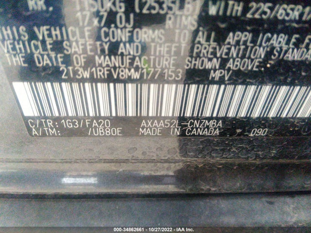 2021 TOYOTA RAV4 XLE VIN: 2T3W1RFV8MW177153