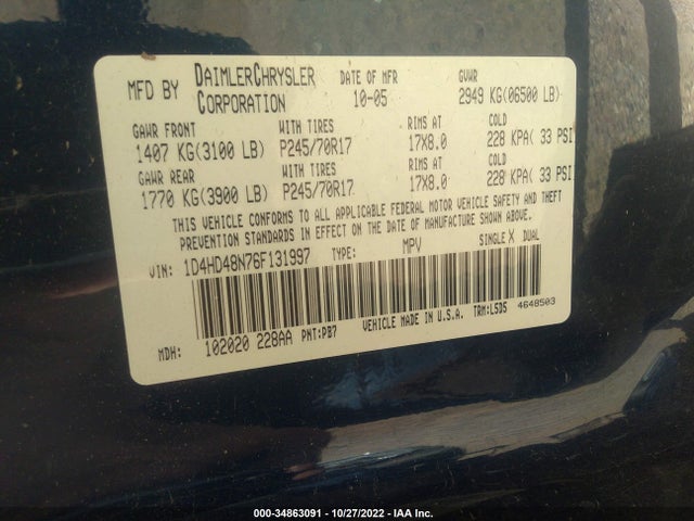 2006 DODGE DURANGO SLT VIN: 1D4HD48N76F131997