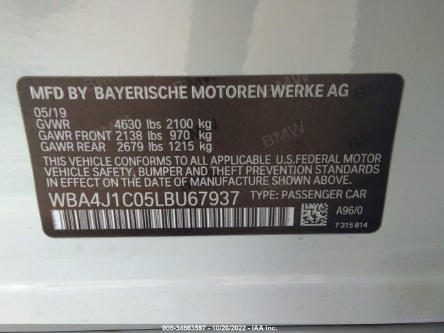 2020 BMW 4 Series, VIN: WBA4J1C05LBU67937